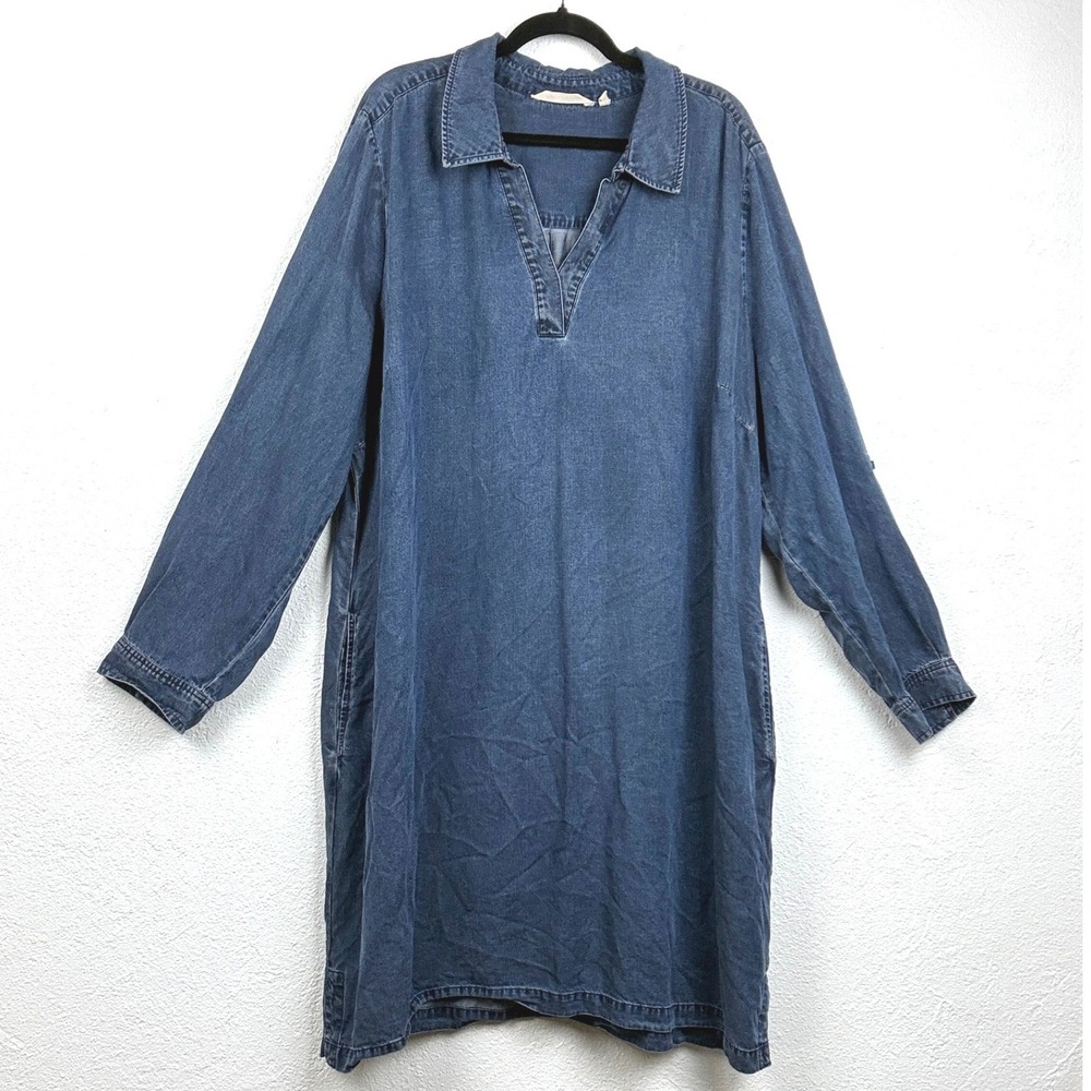 Soft Surroundings Blue Denim Tunic Dress - 3X - Tencel Split Neck Boho Coastal